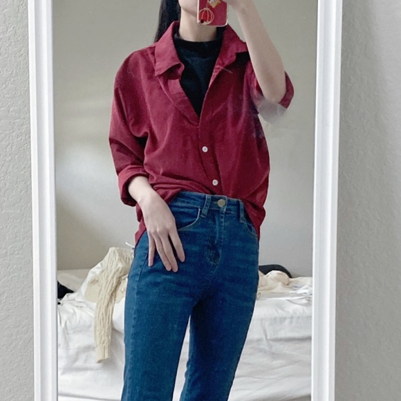 Faux two piece top (burgundy+black） - Picture 3 of 5